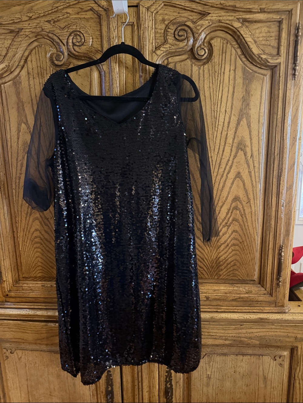 Black Sequin Mini Dress with Sheer Mesh Sleeves